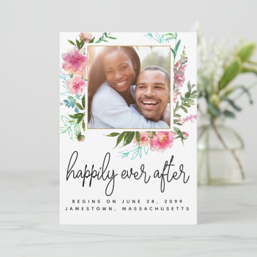 ～の後モダンずっと幸せにピンクのフローラ写真 セーブザデート (スタンド正面)