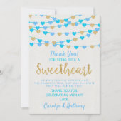 の愛ぶら下がったハートリトルスウィートベイビーシャワー サンキューカード (正面)