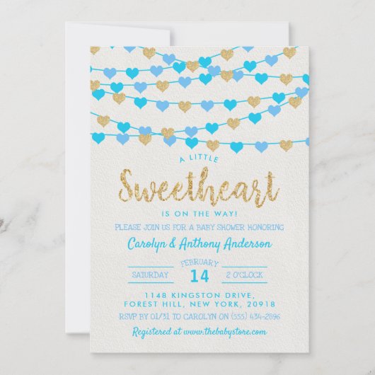 の愛ぶら下がったハートリトルスウィートベイビーシャワー 招待状 (正面)