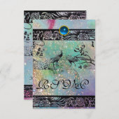 の愛結婚鳥モノグラムRSVP黒い緑 出欠カード (正面/裏面)