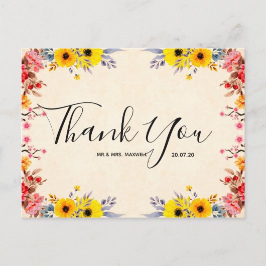 の感謝結婚ロマンチックなフローラスクリプトはがき ポストカード (正面)