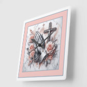 の手祈、十字架とバラ スクエア壁時計 (傾斜)