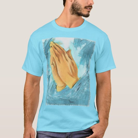 の手祈(青い背景) Tシャツ (正面)