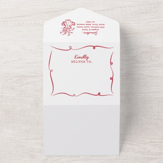 の手結婚引き赤お洒落招待状とRSVP オールインワン招待状 (外側)