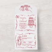 の手結婚引き赤お洒落招待状とRSVP オールインワン招待状 (内側)