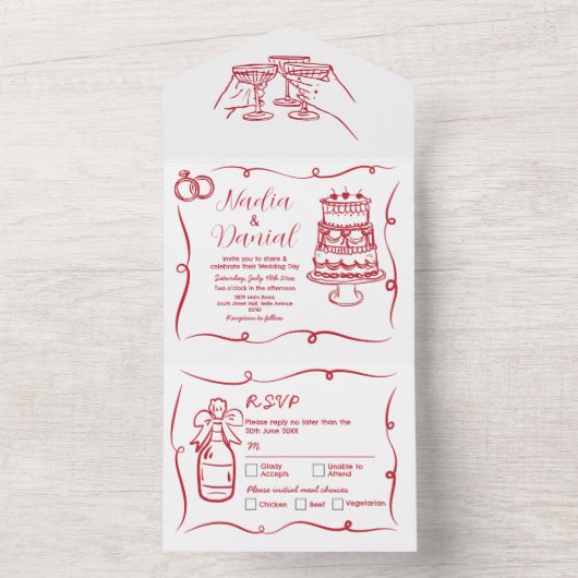 の手結婚引き赤お洒落招待状とRSVP オールインワン招待状 (内側)