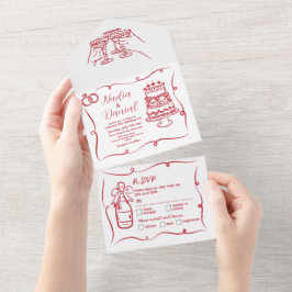 の手結婚引き赤お洒落招待状とRSVP オールインワン招待状