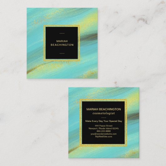 *~*の抽象的ではっきりしたな金ゴールドの塵およびターコイズのグリッター スクエア名刺 (正面/裏面)