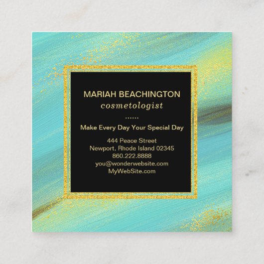 *~*の抽象的ではっきりしたな金ゴールドの塵およびターコイズのグリッター スクエア名刺 (裏面)