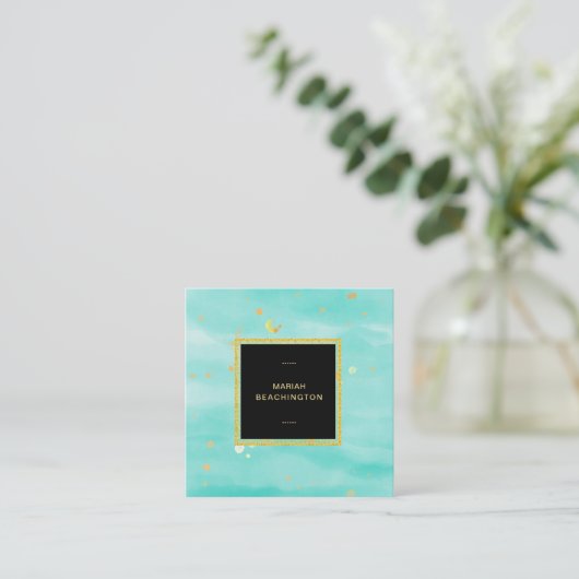 *~*の抽象的ではっきりしたな金ゴールドの塵およびミントの金ゴールドの泡 スクエア名刺 (スタンド正面)
