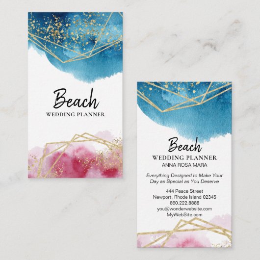*~*の抽象的で青いピンクの金ゴールドのグリッターの多角形のビーチ 名刺 (正面/裏面)