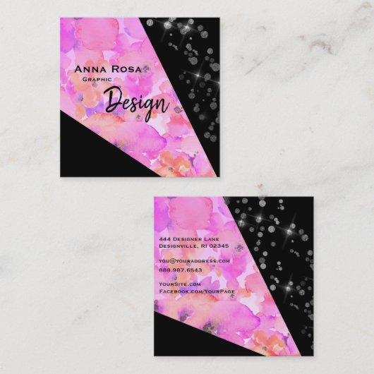 *~*の抽象的で黒くモダンで幾何学的な花のグリッター スクエア名刺 (正面/裏面)