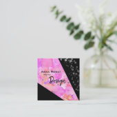 *~*の抽象的で黒くモダンで幾何学的な花のグリッター スクエア名刺 (スタンド正面)