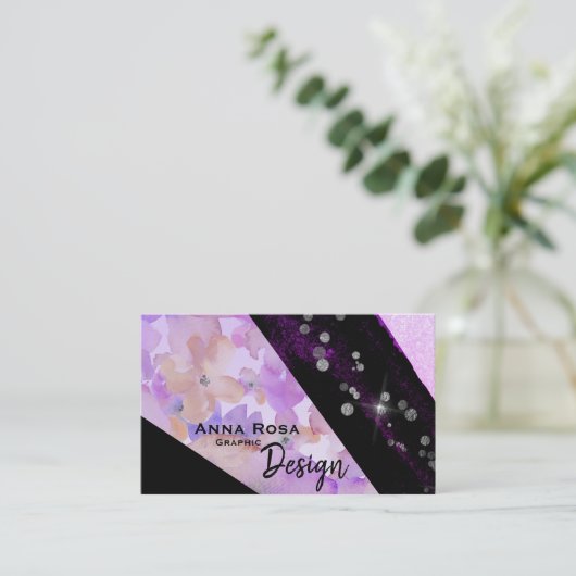 *~*の抽象芸術のグリッターのモダンな花の幾何学的な黒 名刺 (スタンド正面)