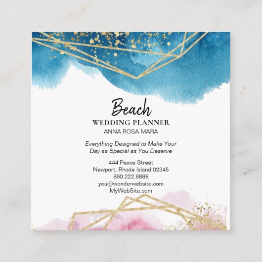 *~*の抽象芸術のビーチの青いピンクの金ゴールドのグリッターの多角形 スクエア名刺 (裏面)