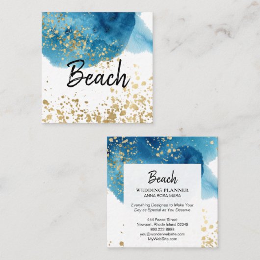 *~*の抽象芸術のビーチの青い水彩画の金ゴールドのグリッター スクエア名刺 (正面/裏面)