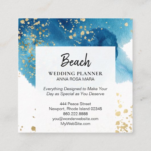 *~*の抽象芸術のビーチの青い水彩画の金ゴールドのグリッター スクエア名刺 (裏面)