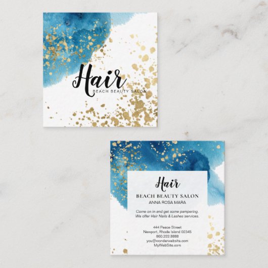 *~*の抽象芸術のビーチの青い水彩画の金ゴールドのグリッター スクエア名刺 (正面/裏面)