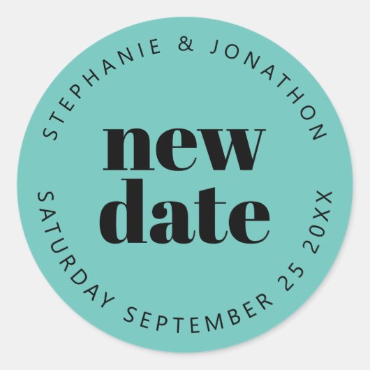 の新しい結婚日付名シンプル文字黒いティール（緑がかった色） ラウンドシール (正面)