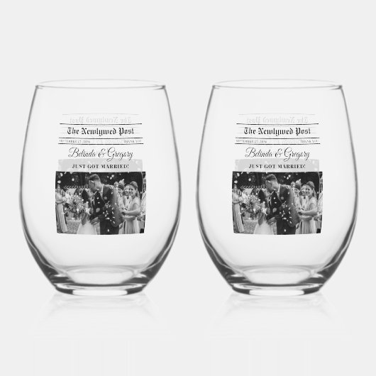 の新聞結婚おもしろい白黒フォトキープサケ ステムなしワイングラス (裏面)