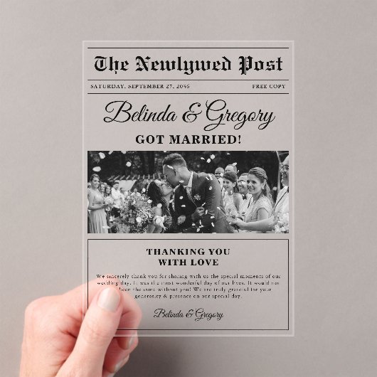 の新聞結婚おもしろい白黒写真ありがとう アクリル招待状 (インサイチュ (ポータブル))