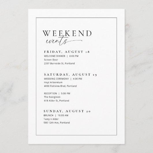 の旅程結婚歓迎バッグレターのタイムラインカード メニュー (裏面)