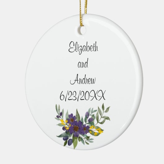 の日パーソナライズされた付結婚紫色の黄色のフローラ セラミックオーナメント (左)