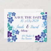 の日付を青いデザインで保存結婚する 案内ポストカード (正面/裏面)