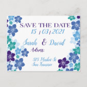 の日付を青いデザインで保存結婚する 案内ポストカード (正面)