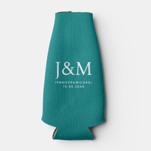 の日付名結婚モノグラムダークティール（緑がかった色）テンプレート ボトルクーラー (正面)