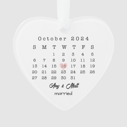 の日付結婚ハートカレンダー記念日ギフト オーナメント (正面)