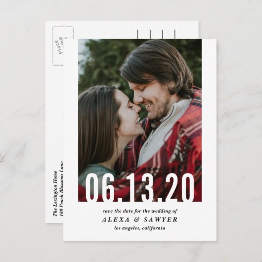 の日付結婚切り出し垂直方向の写真日付を保存 案内ポストカード (正面/裏面)