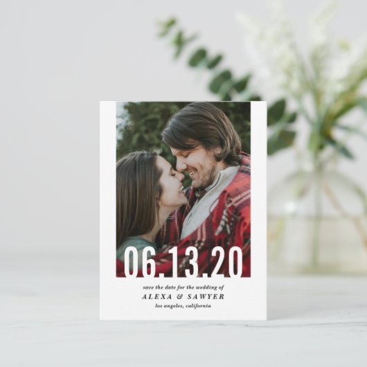 の日付結婚切り出し垂直方向の写真日付を保存 案内ポストカード (スタンド正面)