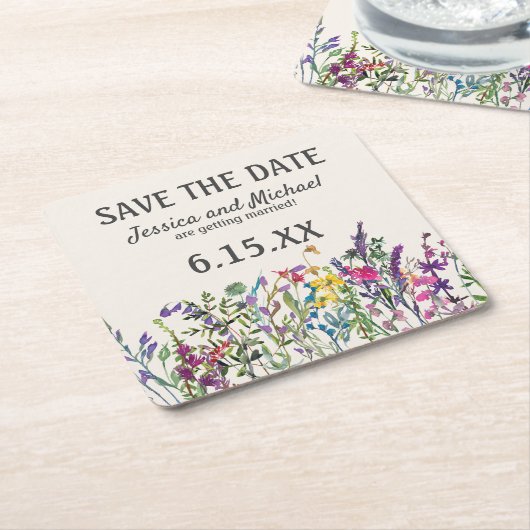 の日結婚付救水の色のワイルドフラワーのフローラ スクエアペーパーコースター (アングル)