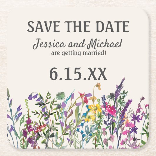 の日結婚付救水の色のワイルドフラワーのフローラ スクエアペーパーコースター (正面)