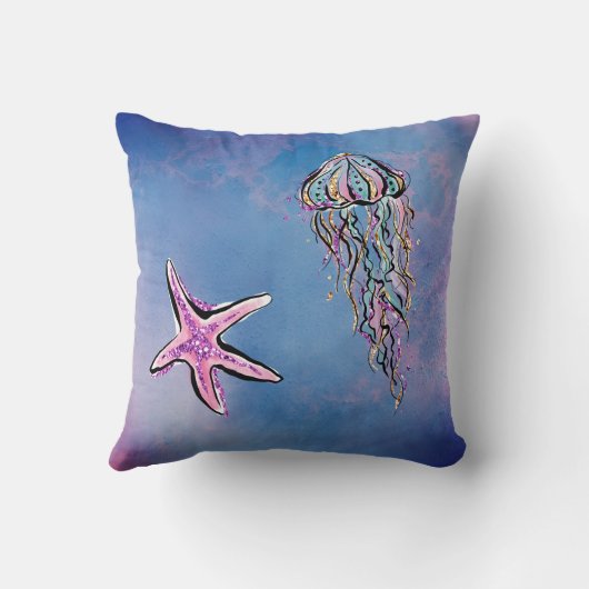 *~*の星の魚のクラゲの抽象芸術のビーチの水彩画 クッション (裏面)
