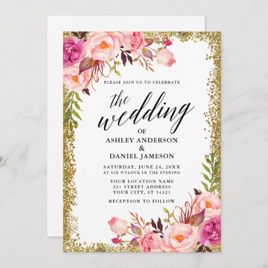 の書結婚跡ピンクフローラ金ゴールドグリッター 招待状 (正面/裏面)