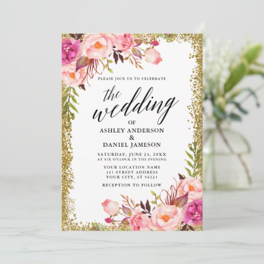の書結婚跡金ゴールドグリッターピンクフローラ 招待状 (スタンド正面)