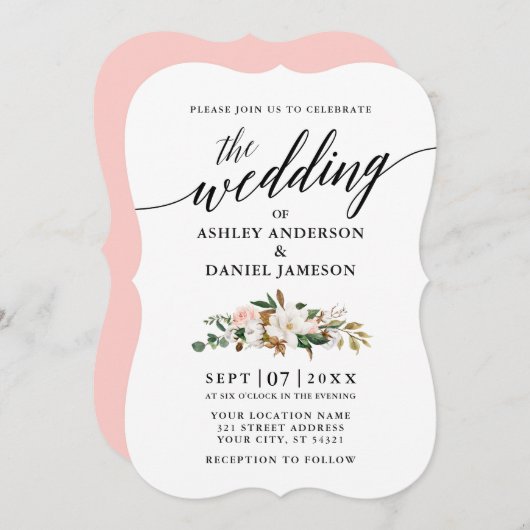 の書結婚道水彩マグノリアスバラ 招待状 (正面/裏面)