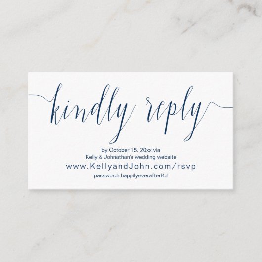 の書結婚道、ネイビーブルー、オンラインディナーRSVP エンクロージャーカード (正面)