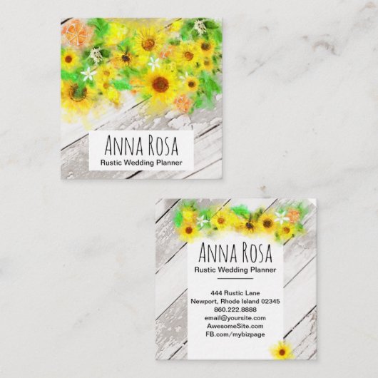 *~*の木製の素朴なヴィンテージのオレンジレモンヒマワリ スクエア名刺 (正面/裏面)