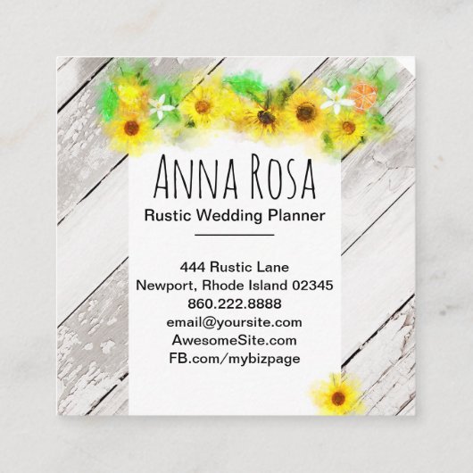 *~*の木製の素朴なヴィンテージのオレンジレモンヒマワリ スクエア名刺 (裏面)