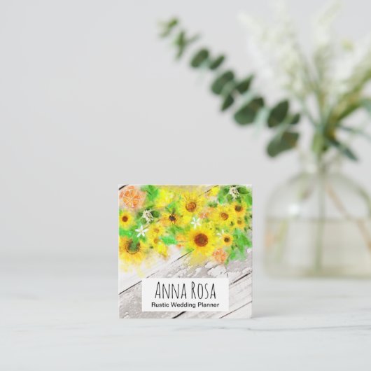 *~*の木製の素朴なヴィンテージのオレンジレモンヒマワリ スクエア名刺 (スタンド正面)