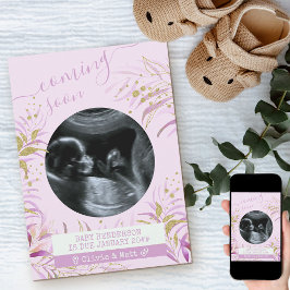 の来近日超音波写真ピンクの金ゴールドの葉 案内状