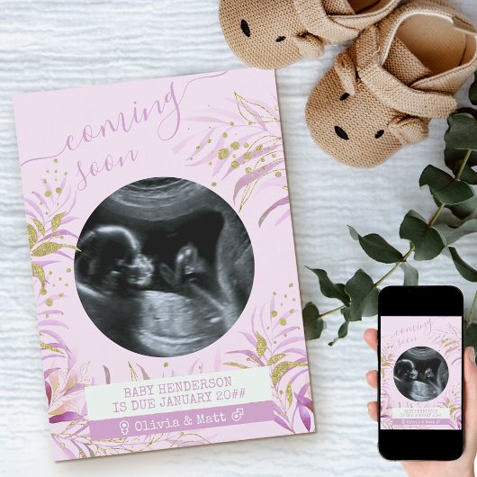 の来近日超音波写真ピンクの金ゴールドの葉 案内状
