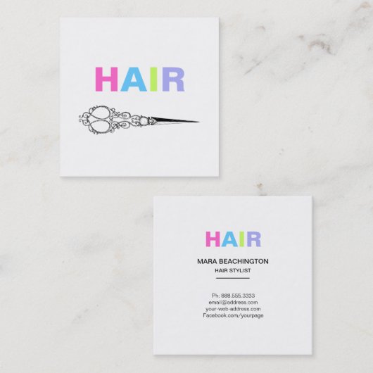 *~*の毛のパステルのはさみのシンプルでミニマルなはっきりした スクエア名刺 (正面/裏面)