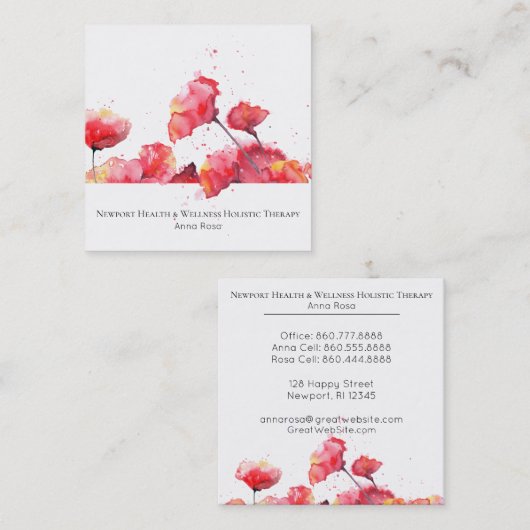 *~*の水彩画のモダンで赤いケシの花の花柄 スクエア名刺 (正面/裏面)