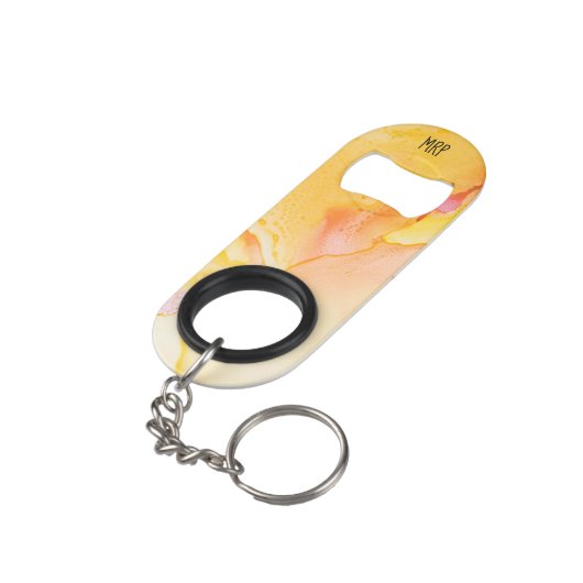 *~*の水彩画の大理石のオレンジイエロー・ゴールドの明るい赤紫色 キーホルダー栓抜き (裏面アングル)