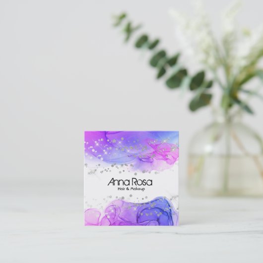 *~*の水彩画の抽象芸術のマゼンタの青いモダン スクエア名刺 (スタンド正面)