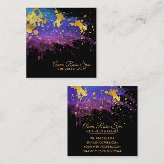 *~*の水彩画の抽象芸術の紫色の金ゴールドの豪華で魅力的なはっきりした スクエア名刺 (正面/裏面)